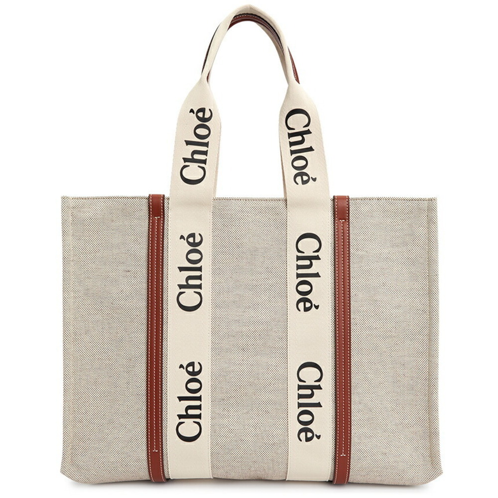 Chloe Woody tote bag linen blend brown calfskin trim